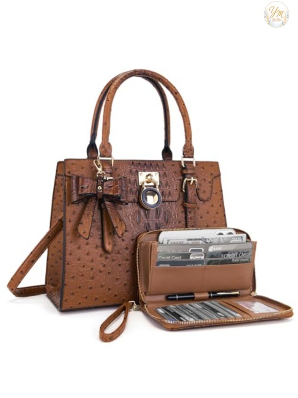Vegan Leather Satchel Tote with RFID Wallet Clutch Set, Shoulder Handbag, Gold